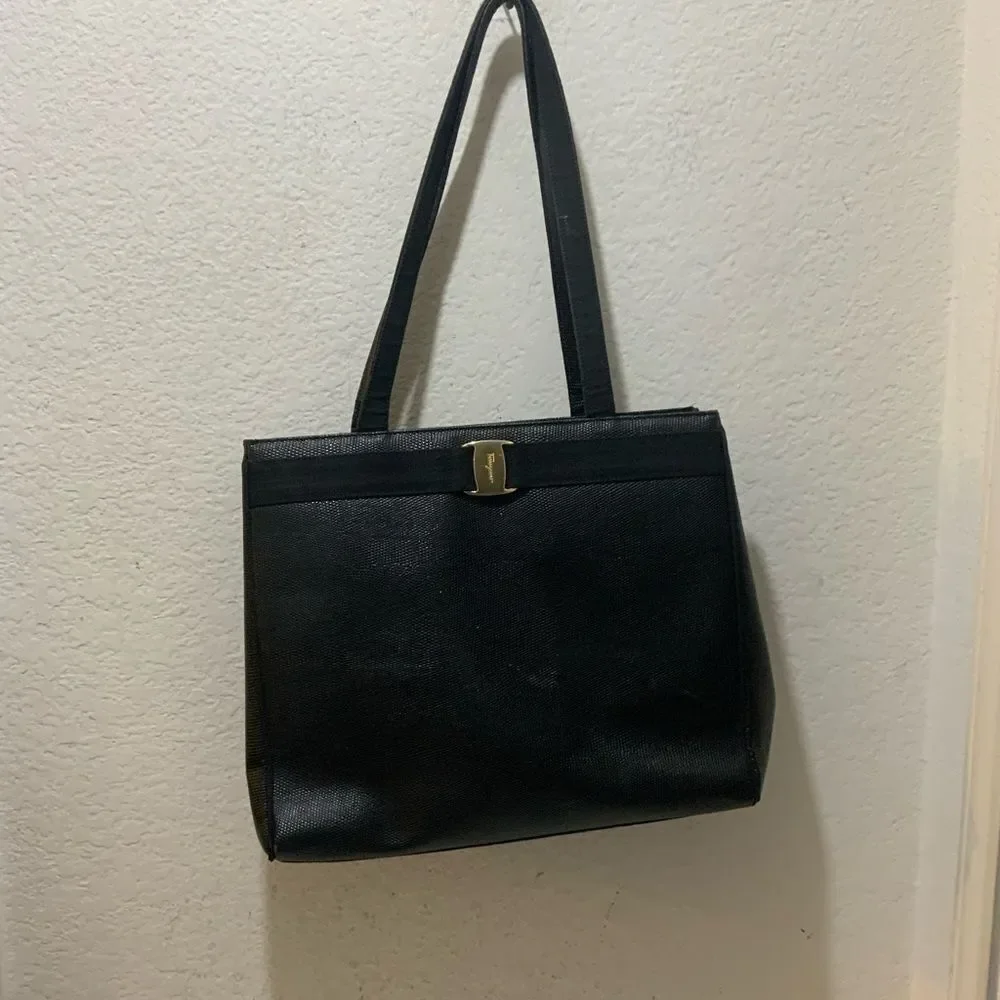 Vintage Salvatore Ferragamo Tote Bag Embossed Leather Black  Authentic
